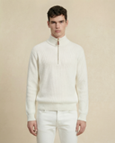 Man wearing the VAËL Caël ribbed half-zip wool sweater