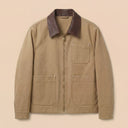 Man wearing the VAËL Cadré canvas workwear jacket with leather collar
