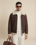 Man wearing the VAËL Tavrōk shearling flight jacket