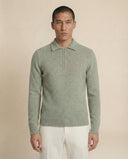 Man wearing the VAËL Solēn fine wool half-zip polo sweater