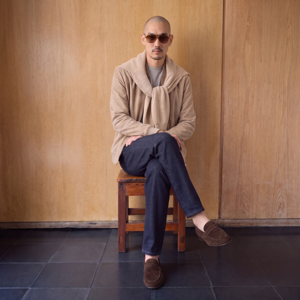 A seated man in knitwear and navy trousers against a wooden wall